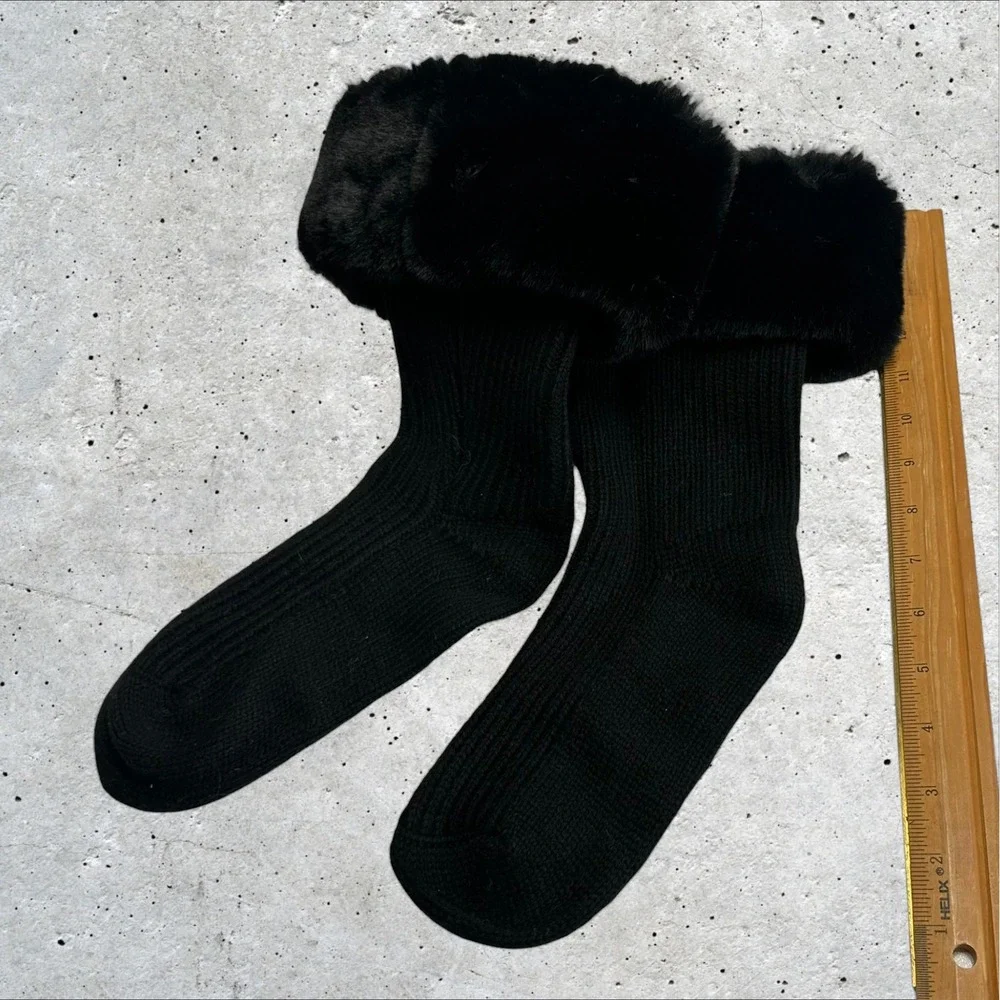 Boot Socks Womens‎ OS Black Faux Fur Trim Ribbed Knit Winter